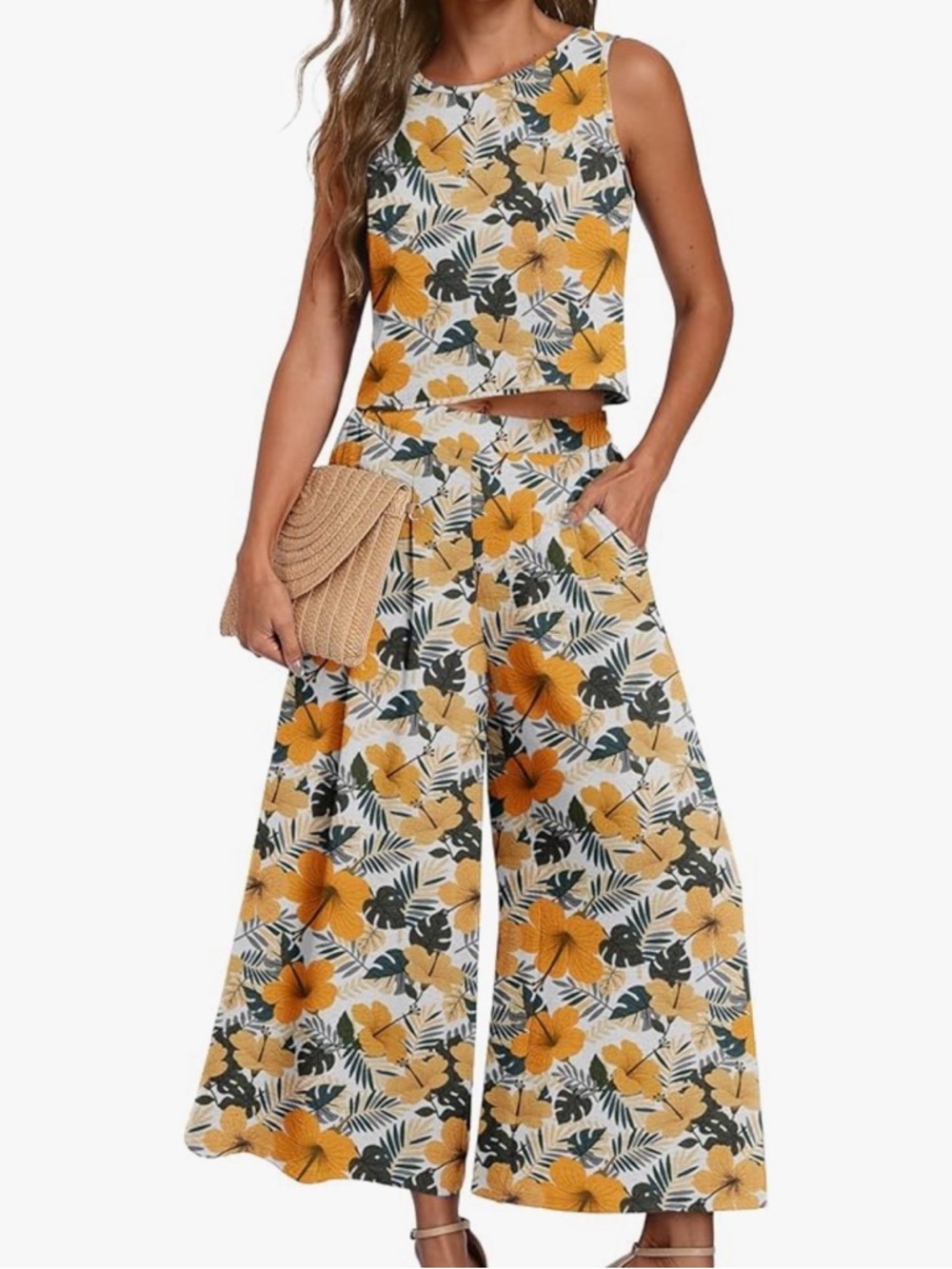 Tropical Orange Floral Two-Piece Gaucho Set